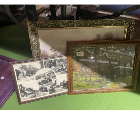 TWO OILS ON BOARD, ONE OF A WATERMILL SIGNED R HAMNETT '89, A COUNTRY SCENE SIGNED J PEARSON AND A FRAMED PRINT OF A VINTAGE 