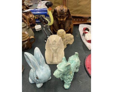 A QUANTITY OF CERAMIC ITEMS TO INCLUDE A SYLVAC DOG AND RABBIT, EGYPTIAN FIGURES AND A LARGE GLASS OSTRICH 