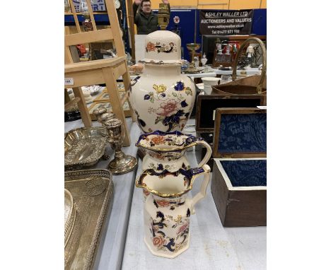 TWO GRADUATED MASON'S MANDALAY JUGS PLUS A LARGE TABLE LAMP HEIGHT APPROX 38CM 