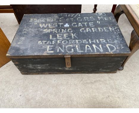 A PAINTED PINE ARMY TRUNK BEARING SGT, G.R.S.MEG, 'WEST GATE', LEEK, STAFFORDSHIRE 