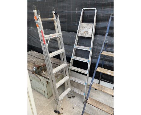A THREE WAY ALUMINIUM LADDER AND A FIVE RUNG ALUMINIUM STEP LADDER 