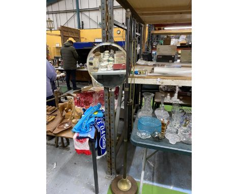 A BRASS BASED METAL STANDARD LAMP PLUS A VINTAGE ROUND MIRROR WITH BEVELLED GLASS 