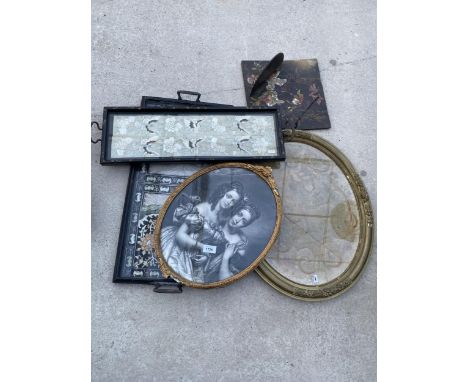 AN ASSORTMENT OF VINTAGE FRAMED PRINTS AND TAPESTRIES ETC 