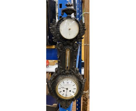 A 19TH CENTURY COALBROOKDALE STYLE CAST METAL WALL CLOCK / BAROMETER, HEIGHT 64CM 