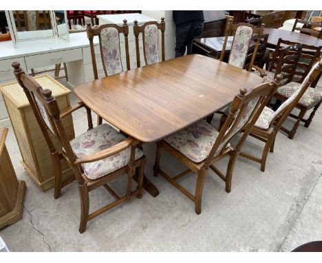 AN ERCOL 944 HAMPTON DESIGN EXTENDING DINING TABLE, 62X35" WITH THREE LEAVES, 12" EACH AND SIX CHAIRS, TWO BEING CARVERS 