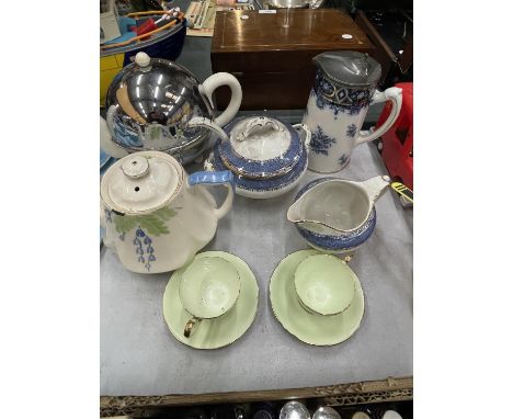 A QUANTITY OF CERAMIC ITEMS TO INCLUDE TEAPOTS A BRITANNIA POTTERY PEWTER LIDDED JUG, BURLEIGH WARE TUREEN AND JUG AND AYNSLE