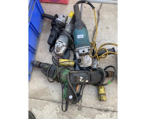 AN ASSORTMENT OF POWER TOOLS TO INCLUDE THREE ANGLE GRINDERS AND TWO DRILLS ETC 