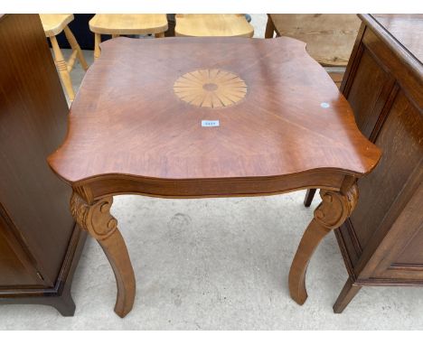 A REPRODUCTION MAHOGANY AND INLAID LAMP TABLE WITH WAVY RIM, ON CABRIOLE LEGS, 27" SQUARE 