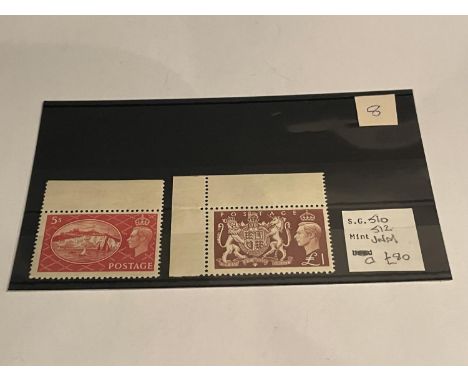 GREAT BRITAIN , GV1 , 1951 ,  5/- AND £1 , U/M  , NO CREASES . SG 510 &amp; 512 CAT £80.00 