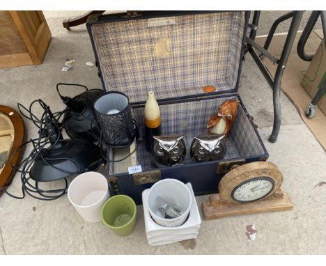 A VINTAGE TRAVEL CASE AND AN ASSORTMENT OF ITEMS TO INCLUDE PLANTERS AND OWL FIGURES ETC 