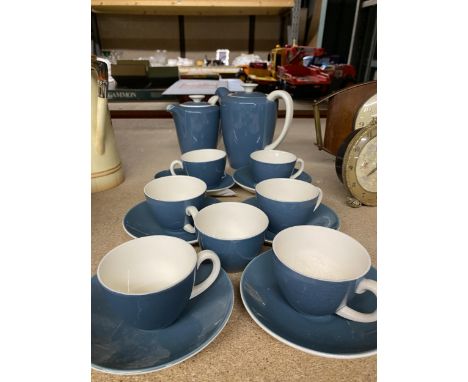 A VINTAGE POOLE POTTERY COFFEE SET IN A TEAL BLUE COLOUR TO INCLUDE A COFFEE POT AND HOT WATER POT, CUPS AND SAUCERS 