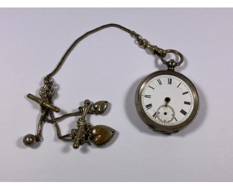 AN .800 GRADE CONTINENTAL SILVER LADIES POCKET WATCH WITH VINTAGE PLATED ALBERT CHAIN 