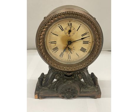 A VINTAGE METAL MANTLE CLOCK WITH ALARM 