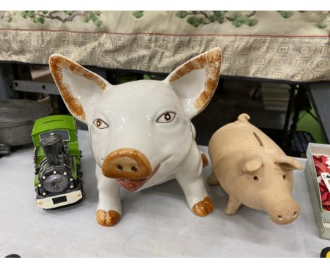 THREE CERAMIC MONEY BOXES ONE BEING A LARGE PIG 