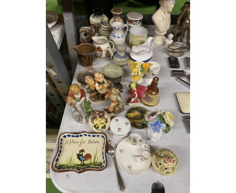 A LARGE QUANTITY OF CERAMIC ITEMS TO INCLUDE HUMMEL FIGURES - SLIGHTLY A/F, STUDIO POTTERY AND OTHER JUGS, PIN TRAYS, ETC 