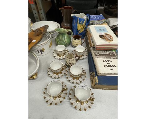 A QUANTITY OF CERAMIC ITEMS TO INCLUDE FLOWER SHAPED CUPS AND SAUCERS WITH GILT EDGES, RUBIAN ART POTTERY VASE WITH BIRD DESI
