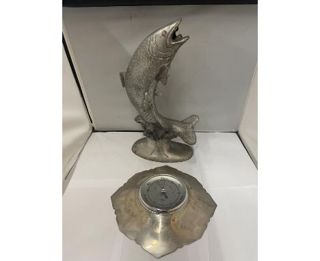 A BAROMETER IN A SILVER PLATED FRAME PLUS A WHITE METAL SHIP WATER FEATURE 