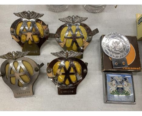 SIX VINTAGE CAR BADGES TO INCLUDE FOUR AA, A HUMBER AND THE INSTITUTE OF ELECTRICAL ENGINEERS 