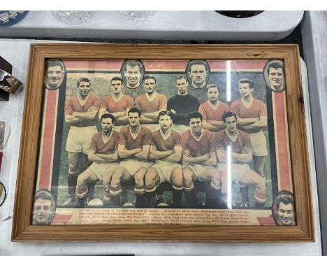 A FRAMED PRINT BEING A TRIBUTE IN COLOUR TO THE TEAM THAT DIED AT MUNICH 67.5 X 40.5 CM 