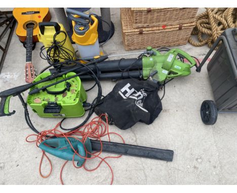 AN ASSORTMENT OF GARDEN TOOLS TO INCLUDE A BOSCH ELECTRIC HEDGE TRIMMER, AN ELECTRIC LEAF BLOWER AND A KARCHER PRESSURE WASHE