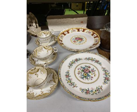 A COALPORT 'MING ROSE' PLATE, LARGE ROYAL ALBERT 'LADY HAMILTON' PLATE, CHINA CUPS AND SAUCERS AND A SPODE PLANTER 