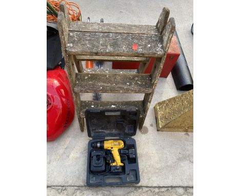 A VINTAGE WOODEN STEP LADDER AND A DEWALT BATTERY DRILL 