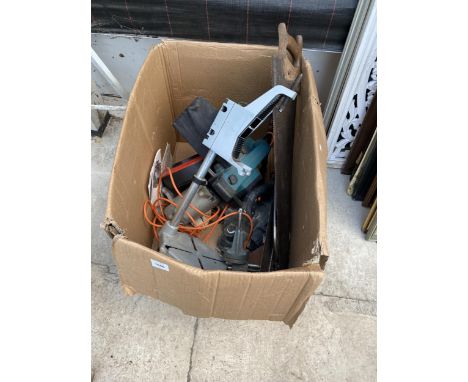 AN ASSORTMENT OF TOOLS TO INCLUDE TWO ELECTRIC PLANERS AND A DRILL STAND ETC 