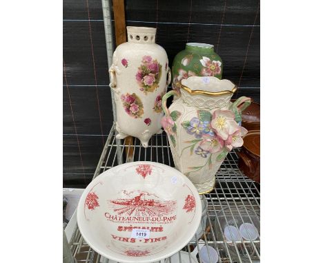THREE DECORATIVE CERAMIC VASES AND A BOWL 