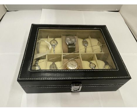 A BOX CONTAINING TEN VINTAGE WRISTWATCHES TO INCLUDE TIMEX, ETC 