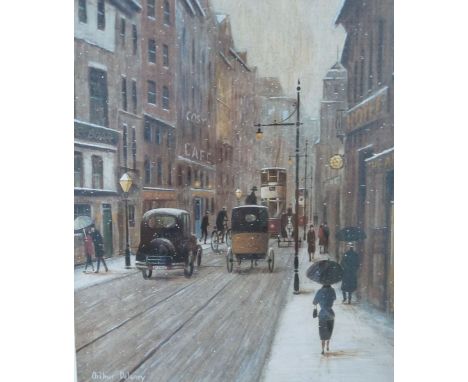ARTHUR DELANEY  LIMITED EDITION COLOUR PRINT  Bygone street scene with snow falling (498/850)  13" x 11" (33cm x 28cm)  FRED 