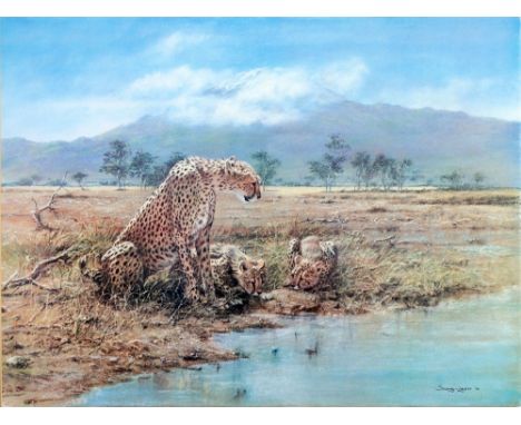 JOHN SEEREY-LESTER (B.1945) ARTIST SIGNED COLOUR PRINT Cheetah with young 17" x 22" (43.2cm x 55.8cm) AND DAVID SHEPHERD (B.1