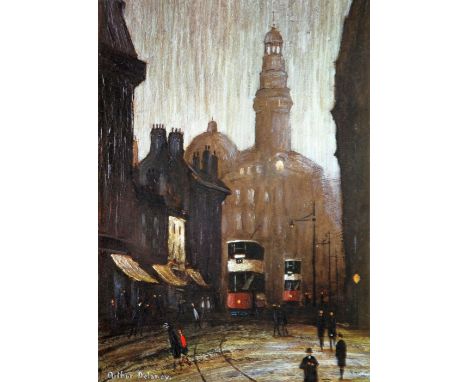 ARTHUR DELANEY ARTIST SIGNED PROOF COLOUR PRINT Manchester street scene with trams and Royal Exchange building in background 