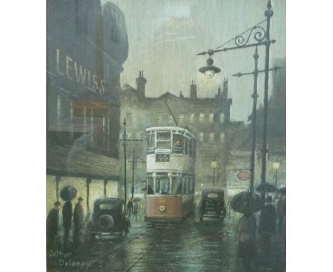 ARTHUR DELANEY  SIGNED LIMITED EDITION COLOUR PRINT  Busy street scene, tram outside Lewis' department store, Manchester sign