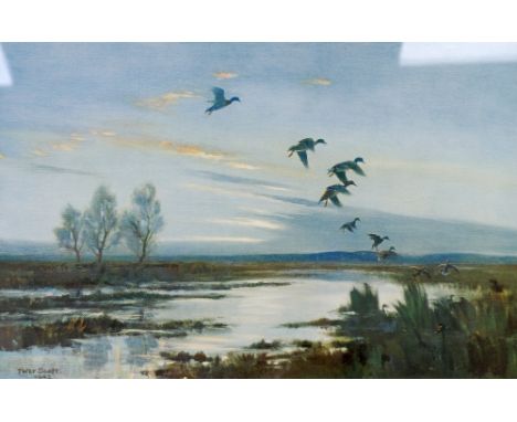 PETER SCOTT  ARTIST SIGNED COLOUR PRINT  Ducks in flight in a sunset river landscape  14" x 21" (35.6cm x 53.3cm) 