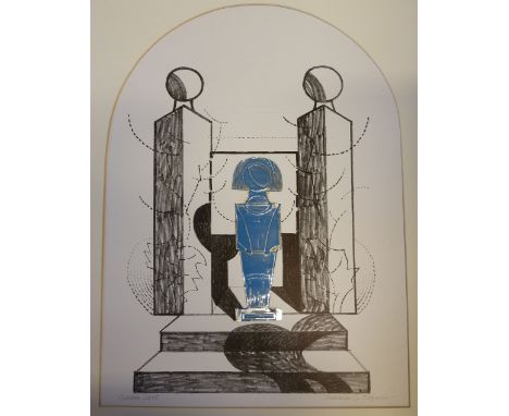 NORMAN C. JAQUES BLACK AND WHITE LITHOGRAPH WITH BLUE AND SILVER TINFOIL APPLIQUE 'Garden Idol' signed and titled in pencil 2