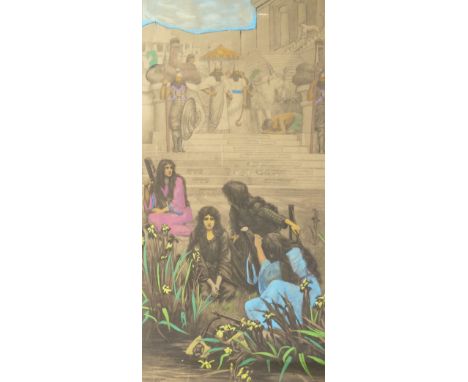 HERBERT SCHMALZ  ARTIST SIGNED BLACK AND WHITE PRINT, LATER HEIGHTENED IN PASTELS 'The Daughters of Judahin Babylon'  signed 