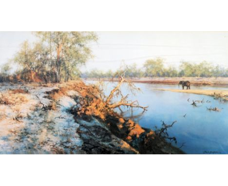 DAVID SHEPHERD (b.1931) ARTIST SIGNED LIMITED EDITION COLOUR PRINT No. 363/850 'Evening of the Elephant' 16" x 29 1/2" (45cm 