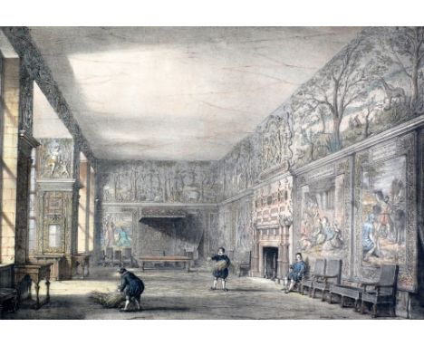 SET OF FOUR BLACK AND WHITE PRINTS Interior scenes from Old Halls in Cheshire and Derbyshire  and a similar print frontice pa