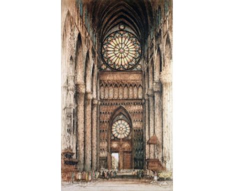 E. SHARLAND  TWO COLOURED ETCHINGS  'Rheims Cathedral' and 'Westminister Abbey' Signed and titled in pencil  20 3/4" x 11 1/4