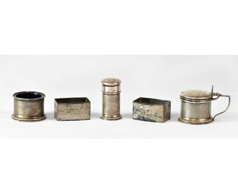 DOCKER &amp; BURN; a hallmarked silver three-piece cruet, comprising mustard, petter and salt, Birmingham 1928, and two hallm