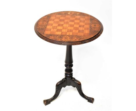 A 19th century mahogany tripod table with inset chessboard in marquetry top, on three splayed feet, height 69cm, diameter 48c