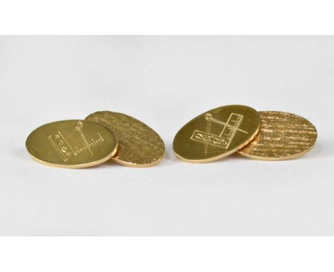 DEAKIN &amp; FRANCIS LTD; a pair of 9ct yellow gold oval cufflinks, each with engraved Masonic compass and set square and bar