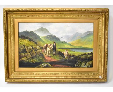 S. FITROY (19th century English School); oil on canvas, a man leading a pony with his dogs in a mountainous landscape, with l