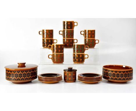 HORNSEA POTTERY; a small collection of twelve 'Bronte' pattern cups with eight saucers, an 'Heirloom' pattern bowl and lidded