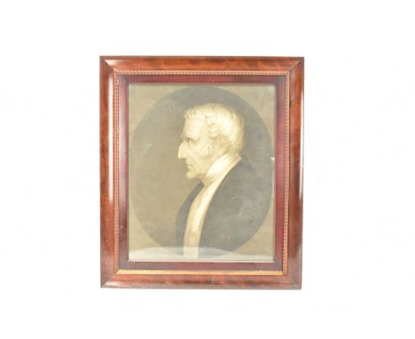 A monochrome portrait print of the 1st Duke of Wellington, bust in profile to left, wearing a dark open double-breasted coat 