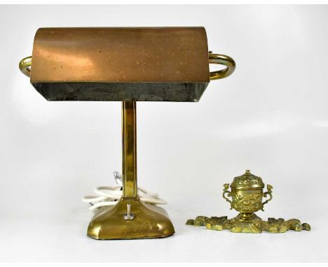 A mid-20th century brass column and shade desk lamp, height 29cm and a brass inkwell, 9 x 18cm (2).Condition Report: - This l