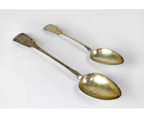 JONATHAN HAYNE; a George IV hallmarked silver Fiddle pattern serving spoon with engraved crest of a stag, length 30cm, London