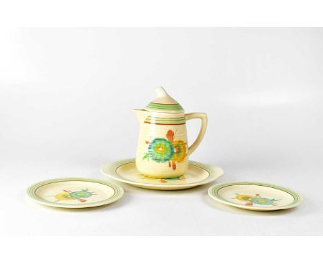 CLARICE CLIFF; four pieces of 'Honey Dew' pattern Wilkinson Pottery ceramics comprising a hot water jug, height 19cm, two sid