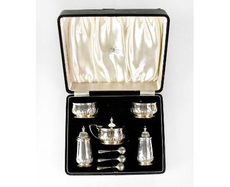 BOODLE &amp; DUNTHORNE; a George VI hallmarked silver five-piece cruet set, comprising a pair of pepperettes, a pair of salts
