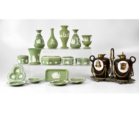 WEDGWOOD; sixteen pieces of green jasperware to include pin dishes, lidded trinket pots, small urn-shaped vases, etc, togethe